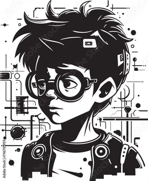 Fototapeta Young Engineer Innovator Cyber Tech Icon in Black Logo Design Vector Future Tech Prodigy Vector Black Logo with Cyber Kid Emblem