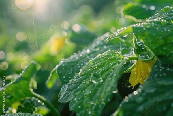 Fototapeta A close-up view of a plant showcasing delicate water droplets resting on its leaves, reflecting light and adding a sense of freshness and vitality