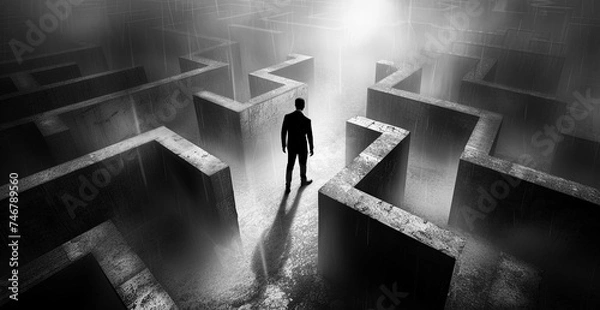 Obraz Man in a labyrinth Black and White Silhouette of a Businessman Walking Through a Mysterious Maze Journey of Solitude Exploration Challenge