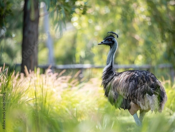 Fototapeta An emu stands in greenery, its gaze piercing through the leaves.