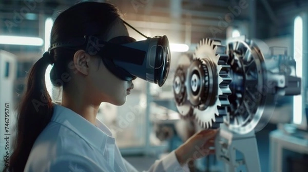 Fototapeta Virtual Reality Engineer Manufacturing Gears with CAD Generative AI