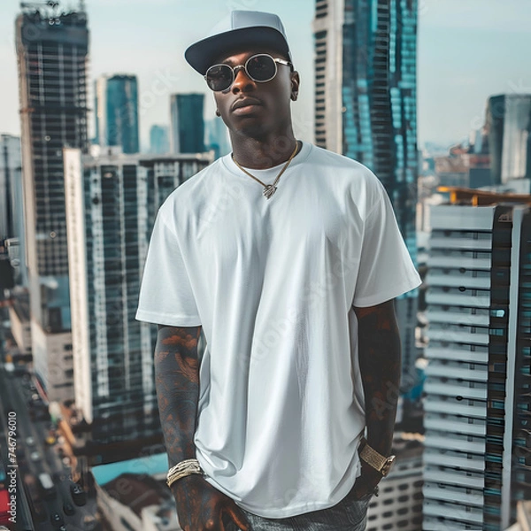 Fototapeta Black male model wearing white blank t-shirt with space for your logo and tshirt design mockup template