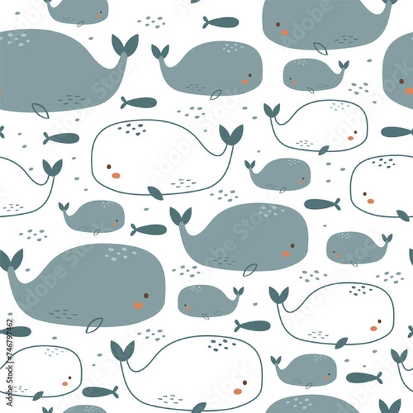 Fototapeta Vector seamless pattern of cute whales on white 