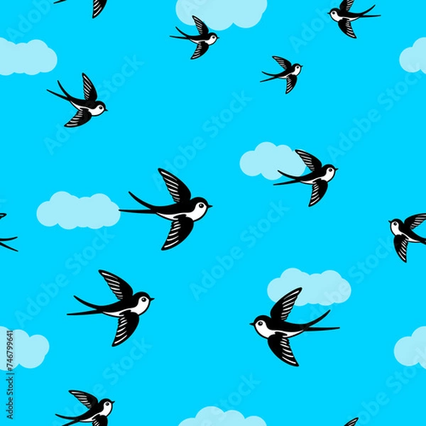 Obraz Swallow birds flying in the sky seamless pattern