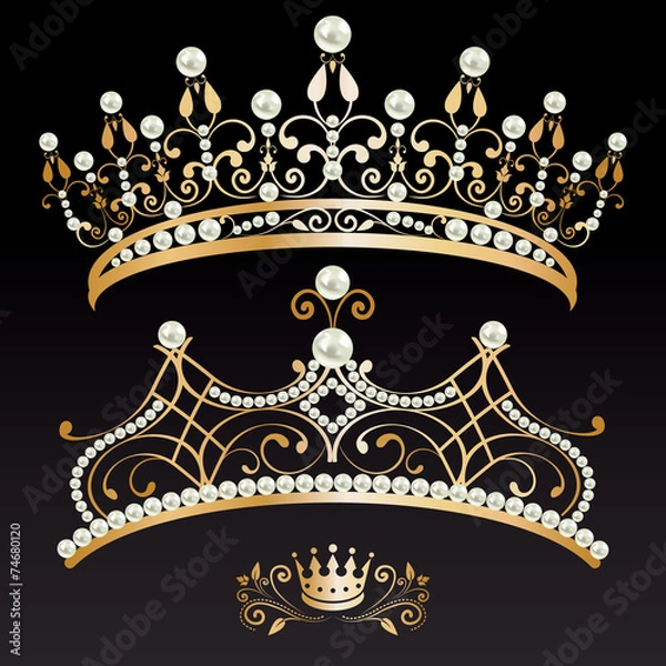 Obraz Set of two luxury golden tiaras and crown with pearls
