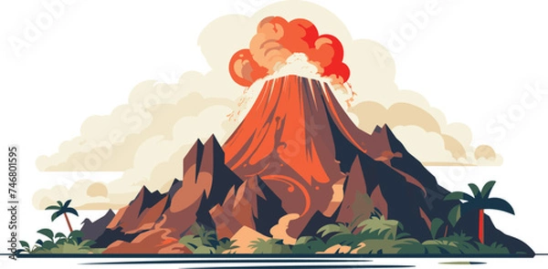 Fototapeta Erupting volcano smoke lava flow tropical setting. Explosive eruption ash cloud, palm trees. Nature disaster concept, geology, dramatic landscape vector illustration