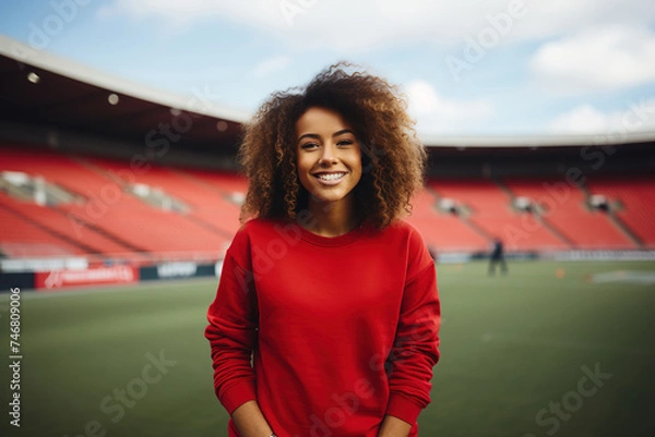 Fototapeta ?appy young African American woman volunteer wearing red sweatshirt on empty stadium