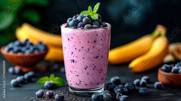 Fototapeta Sweet smoothie or milkshake with banana and blueberries. Purple colorful fruit juice milkshake. Diet smoothie with yogurt or milk, healthy eating, .
