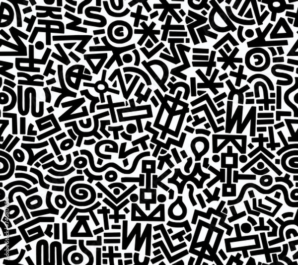 Fototapeta A black and white abstract hand-drawn drawing in the style of hieroglyphs.Seamless pattern.