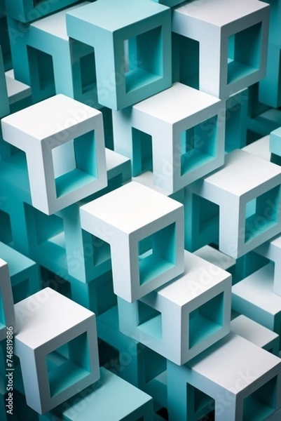 Fototapeta A group of identical white cubes arranged in a pattern against a vibrant blue background. The cubes are clean, simple, and orderly, creating a visually striking contrast against the blue backdrop
