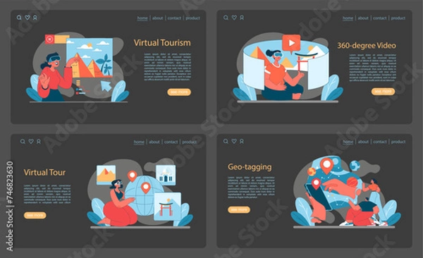Fototapeta Virtual Tourism set. Innovative virtual travel experiences through detailed tours