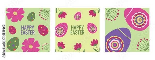 Fototapeta Set of Easter cards with a set of eggs and flowers. Minimalistic bright illustrations in a modern style. Vector square cards, posters, banners, advertising.