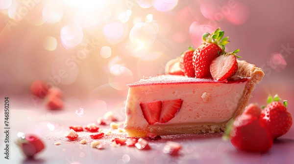 Fototapeta Delicious slice of strawberry cream pie on a blurred background.