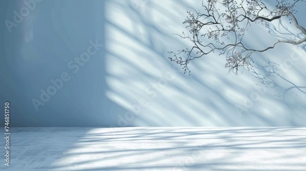 Fototapeta Minimalistic abstract gentle light blue background for product presentation with light and intricate shadow from tree branches on wall.