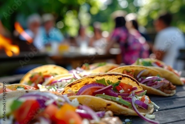 Fototapeta A group of tacos arranged neatly on a wooden table, ready to be enjoyed by friends.