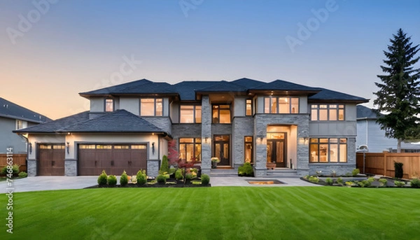 Obraz Beautiful exterior of newly built luxury home with yard with green grass and twilight sky
