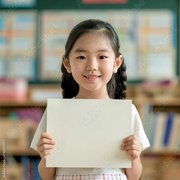 Fototapeta Smiling Primary School Student Girl with Braids Holding Blank Sign in Classroom