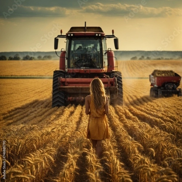 Fototapeta Agricultural Technology: Illustration of Young Farmer with Tablet in Wheat Field