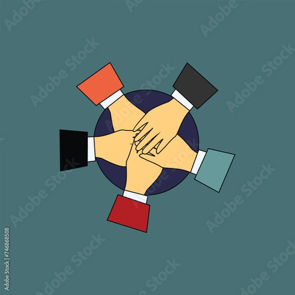 Fototapeta Vector Illustration of Stacked Hands Showing Unity and Teamwork.