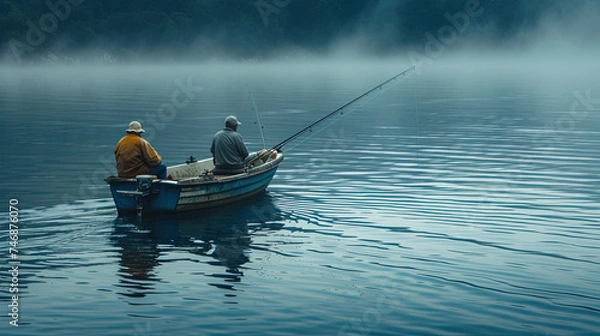 Fototapeta two fishermen in a boat on a calm misty lake 
