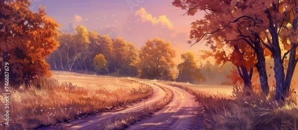 Fototapeta A painting featuring a dirt road winding through a forest of tall trees, with the evening glow casting a warm light on the scene. The peaceful and serene setting captures the essence of a tranquil