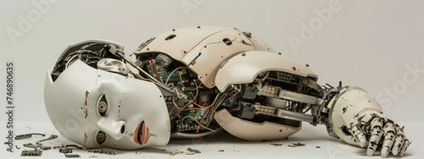 Fototapeta A once cutting-edge AI robot lies in disrepair, its broken parts and malfunctioning circuits symbolizing the fragility of technology and the imperfections of progress. Generative ai.