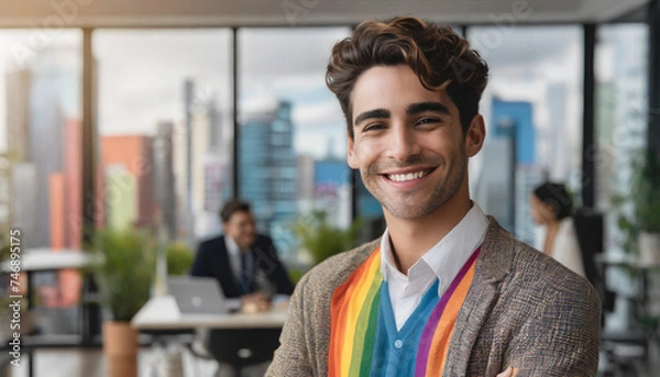 Fototapeta Happy LGBTQ young business with colorful, Happy and cool smile on face and office background 