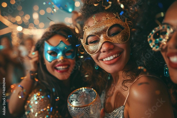 Fototapeta Joyful friends in costume at a festive masquerade ball, their elaborate masks adding an air of mystery and celebration.