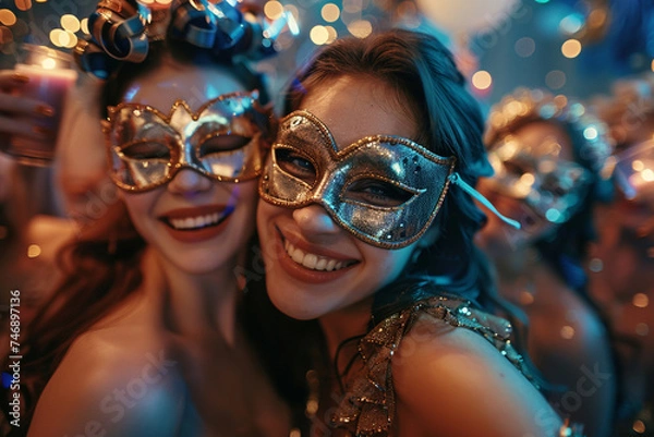 Fototapeta Joyful friends in costume at a festive masquerade ball, their elaborate masks adding an air of mystery and celebration.