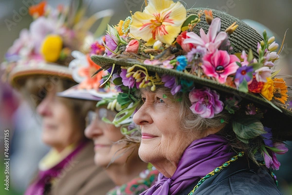 Obraz An elaborate Easter bonnet contest, with participants wearing hats decorated with feathers, flowers, and ribbons, displaying creativity and springtime flair.