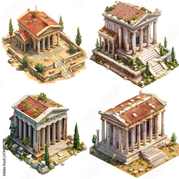 Fototapeta Set of 3d isometric ancient greek building illustration isolated on transparent background. Game icon concept graphic.
