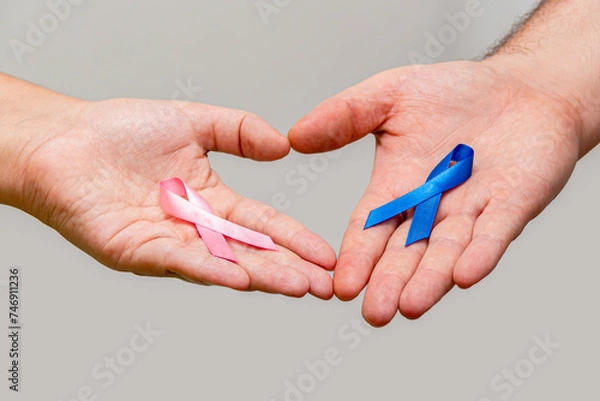 Obraz Two hands holding two Pink and Blue ribbons for the Pink October and Blue November campaigns to support life and raise awareness about cancer. Man's hand and woman's hand