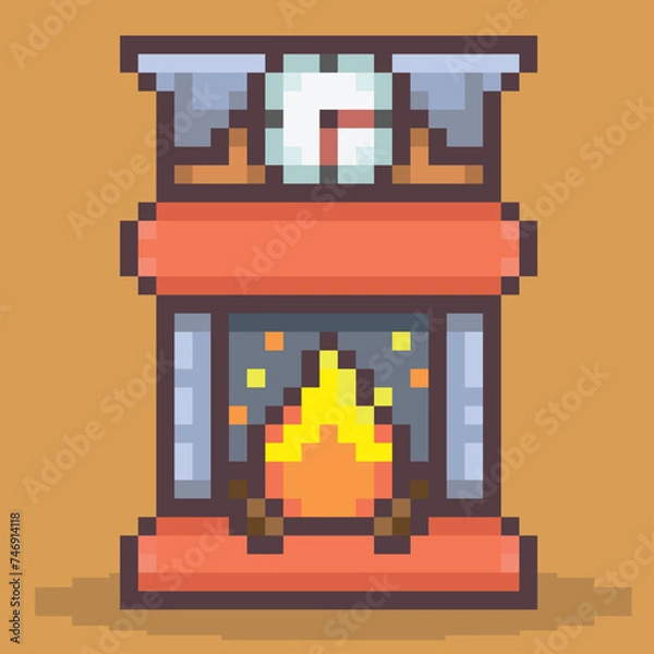 Obraz Fireplace pixel art, brick fireplace vector, pixelart vector, editable fireplace vector