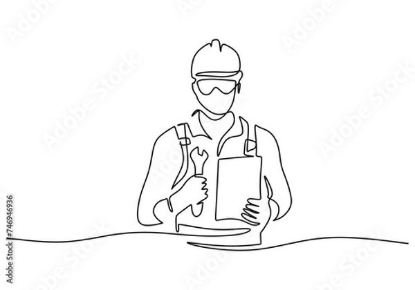 Fototapeta Worker with helmet in continuous single line art drawing. Construction industrial worker concept.