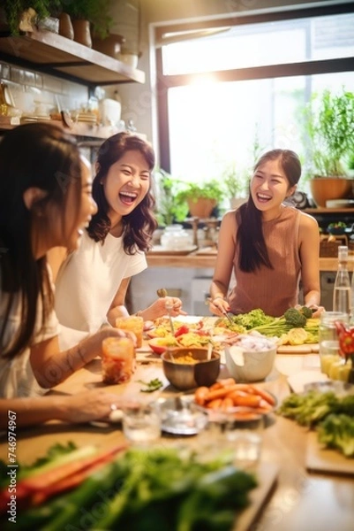 Fototapeta A joyful gathering of women laughing and enjoying a meal together in the kitchen.. Fictional Character Created By Generated By Generated AI.