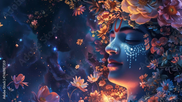 Obraz Rendering Illustration of Young Lord Krishna with Closed Eyes, Adorned with Flowers, Against the Background of a Starry Night Sky: Capturing the Essence of Divine Serenity and Beauty