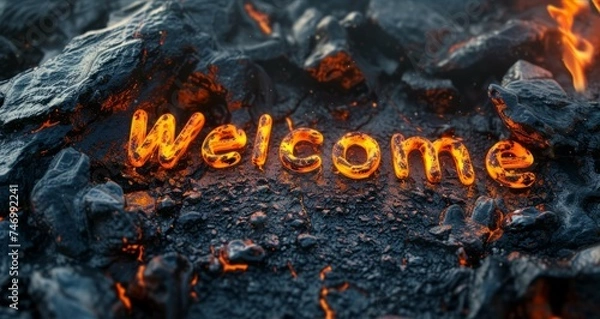 Fototapeta Lava Welcome concept creative horizontal art poster. Photorealistic textured word Welcome on artistic background. Ai Generated Hospitality and Greetings Horizontal Illustration.