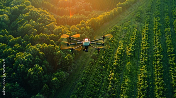 Fototapeta A drone is flying over a forest.