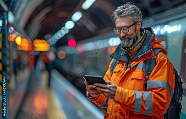 Fototapeta Smiling engineer inspecting and assessing a networked train route with a tablet before approving departure from a stop.