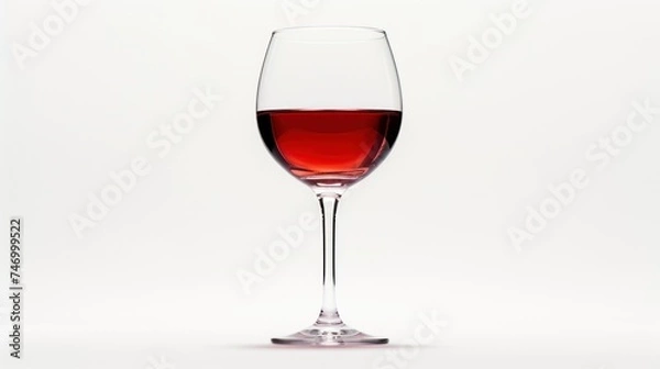 Obraz a close up of a wine glass with red wine in it on a white background with a reflection of the wine in the glass.