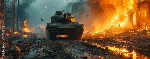 Obraz armored tank crosses a mine field during war invasion epic scene of fire and some in destroyed city as banner with copyspace area. Generative AI