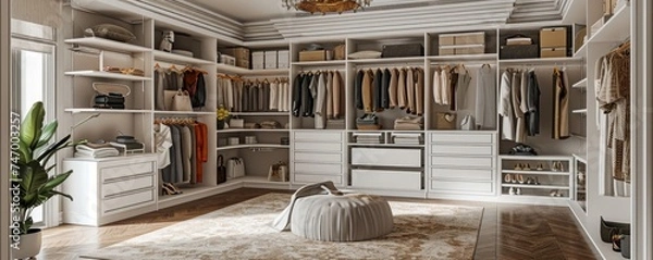 Fototapeta walk in closet bedroom organizer with drawers and shelves rack for clothes and accessories, wide banner with copy space area for home interior, Generative AI