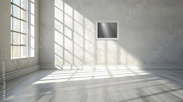 Fototapeta a white room with a window and a picture hanging on the wall and a light coming in from the window.