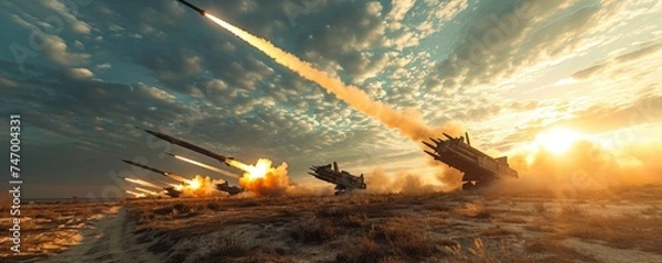 Obraz panoramic view of a generic military battalion defense system shooting missiles during a special operation, wide poster design with copy space area, Generative AI