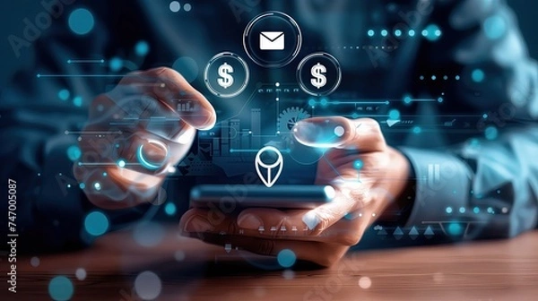 Fototapeta Male hands using smartphone with holographic business and marketing icons floating in air