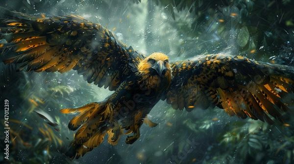 Fototapeta Golden eagle in flight in rain in the forest