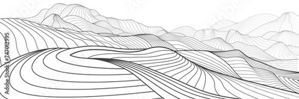 Obraz Abstract Mountains. Black outline illustration on white background. Line art. Hills landscape. Vector design 