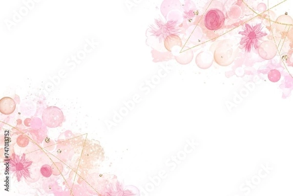 Fototapeta 春夏用アルコールインクアートテンプレート。白背景にピンクの花とシャボン玉と金色幾何学模様