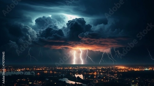 Fototapeta Spectacular thunderstorm with bright flashes and heavy rain in nocturnal urban scene