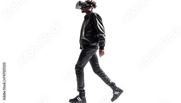 Obraz man walking with virtual reality glasses, isolated on white